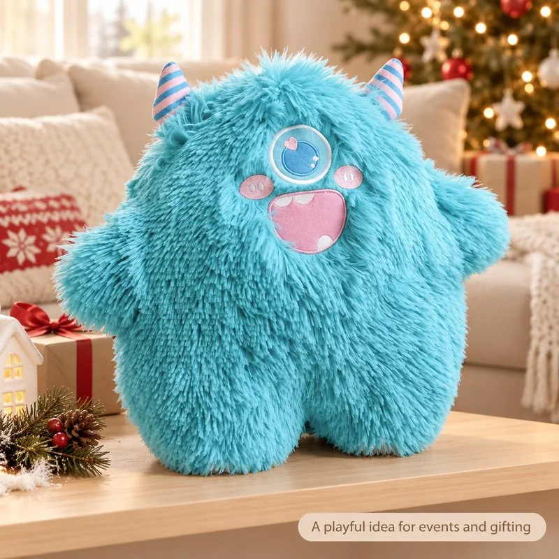 Illustrative application scene featuring blue one eyed furry monster plush; setting is a concept.