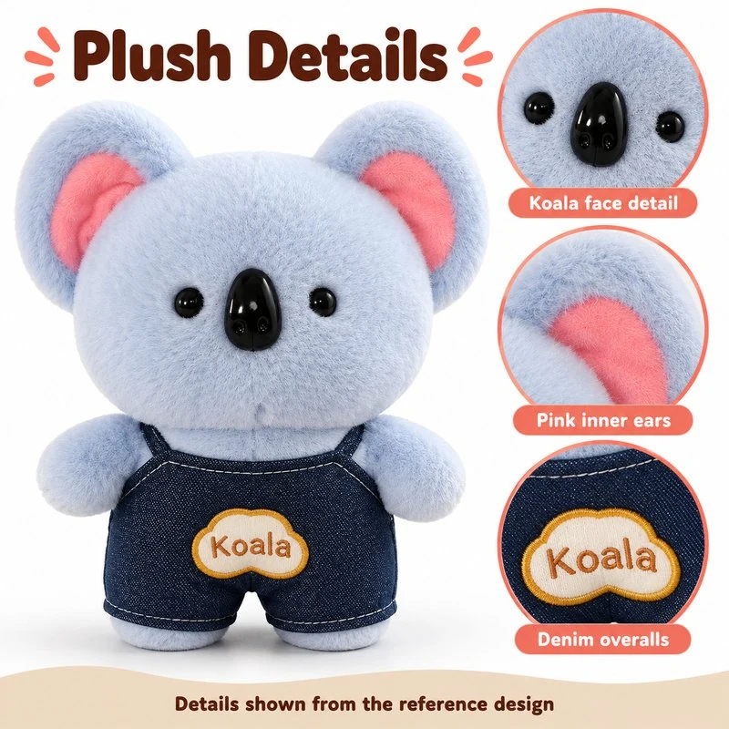 Blue Overalls Koala Plush — construction and surface detail concept.
