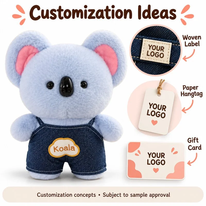Blue Overalls Koala Plush — optional branding and customization concept; feasibility requires confirmation.