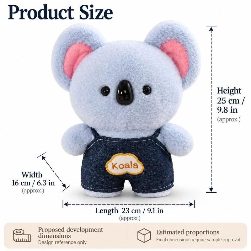 Blue Overalls Koala Plush — proposed size reference; dimensions require sample confirmation.