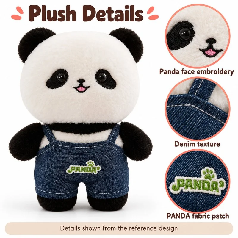 Blue Overalls Panda Soft Toy — construction and surface detail concept.