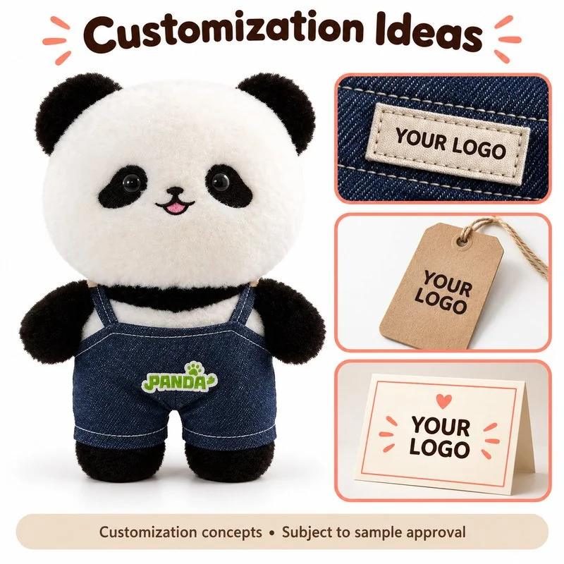 Blue Overalls Panda Soft Toy — optional branding and customization concept; feasibility requires confirmation.