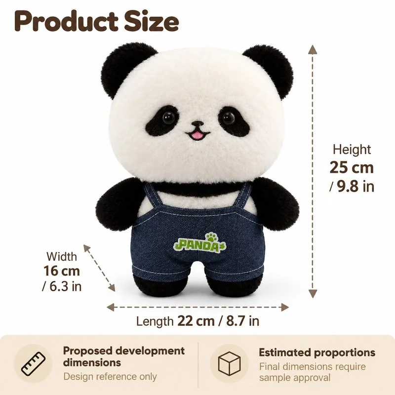 Blue Overalls Panda Soft Toy — proposed size reference; dimensions require sample confirmation.
