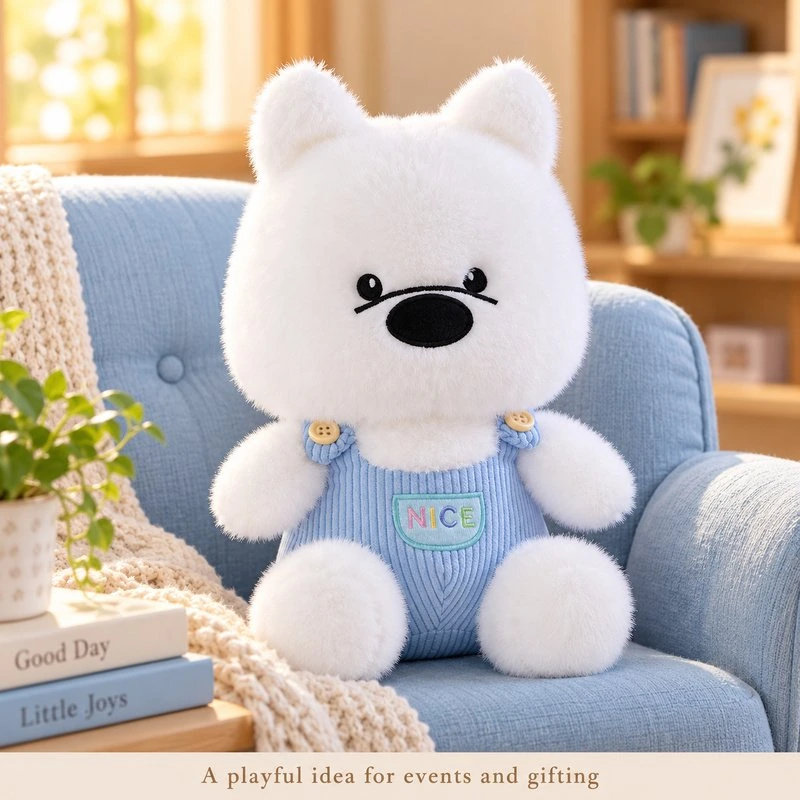 Illustrative application scene featuring blue overalls white dog plush; setting is a concept.