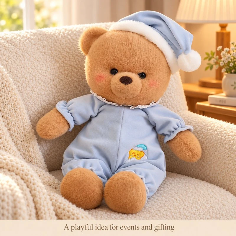 Illustrative application scene featuring blue pajama teddy bear plush; setting is a concept.