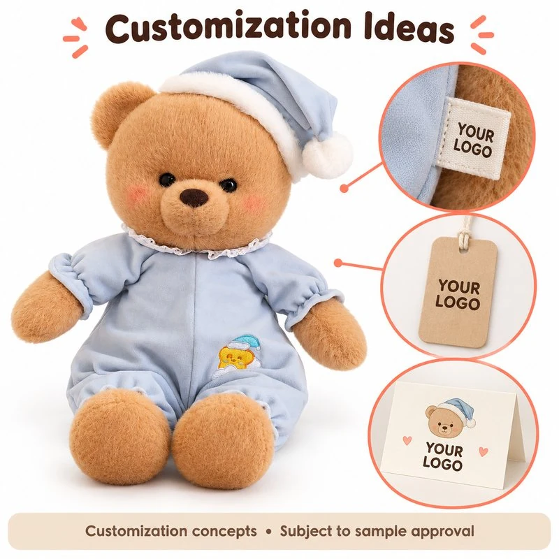 Customization concept for blue pajama teddy bear plush; feasibility and sample approval required.