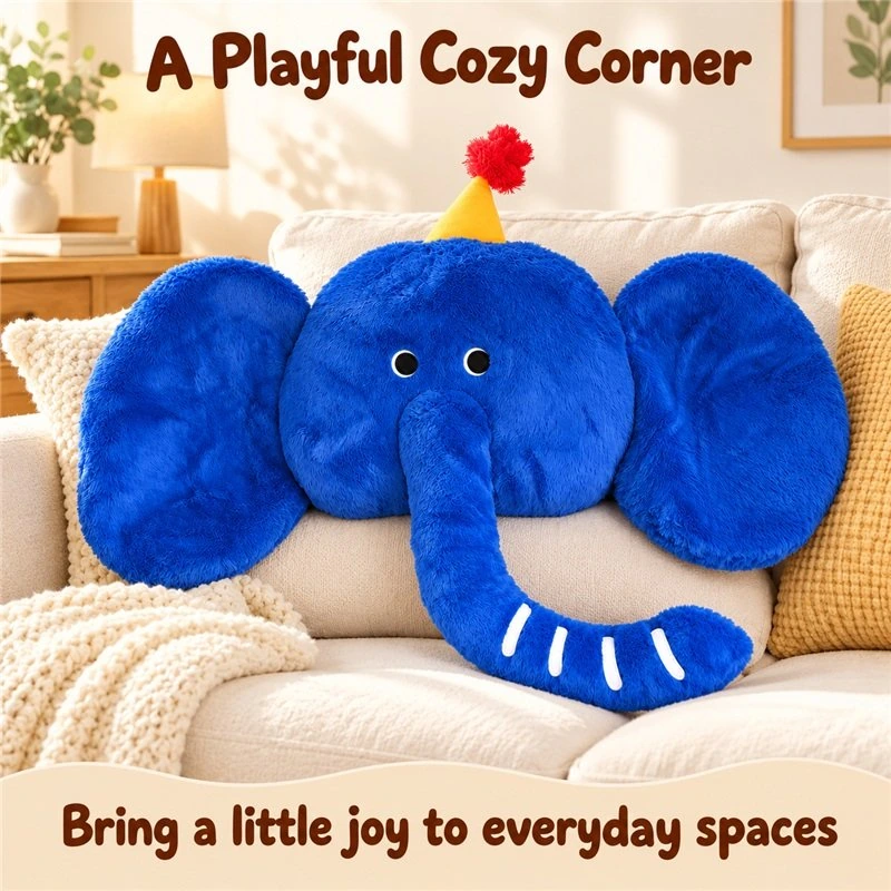 Illustrative application scene featuring blue party elephant head plush pillow; setting is a concept.