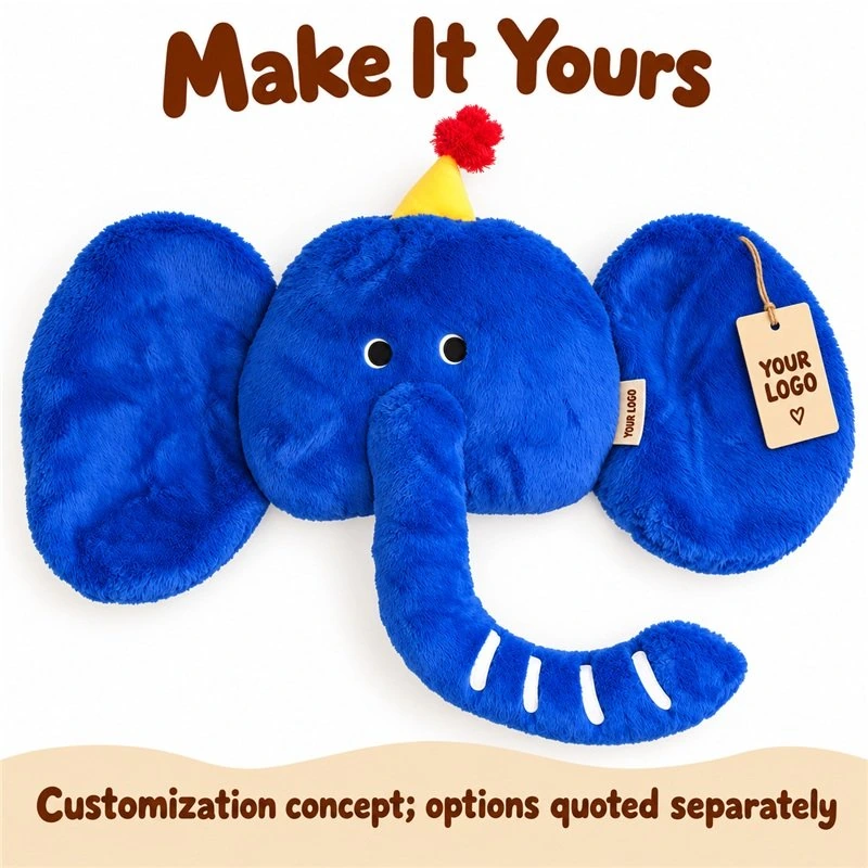Customization concept for blue party elephant head plush pillow; feasibility and sample approval required.
