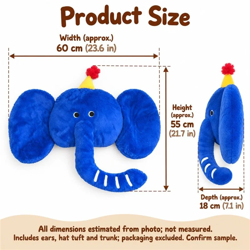 Blue Party Elephant Head Plush Pillow — proposed size reference; dimensions require sample confirmation.