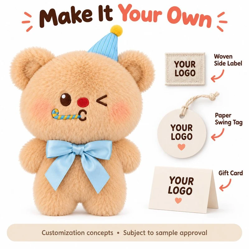 Customization concept for blue party hat bear plush; feasibility and sample approval required.