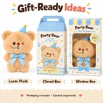 Blue Party Hat Bear Plush — optional packaging concept; final artwork, fit and quotation require confirmation.