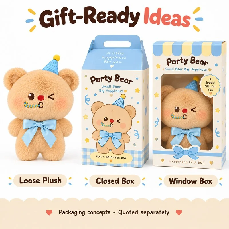 Blue Party Hat Bear Plush — optional packaging concept; final artwork, fit and quotation require confirmation.