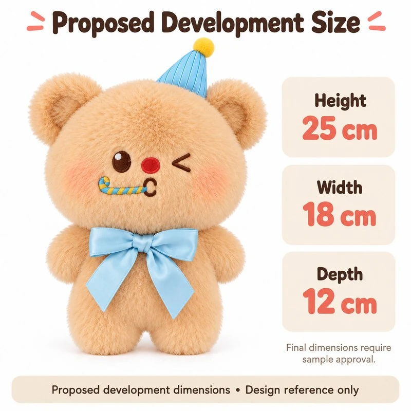 Blue Party Hat Bear Plush — proposed size reference; dimensions require sample confirmation.