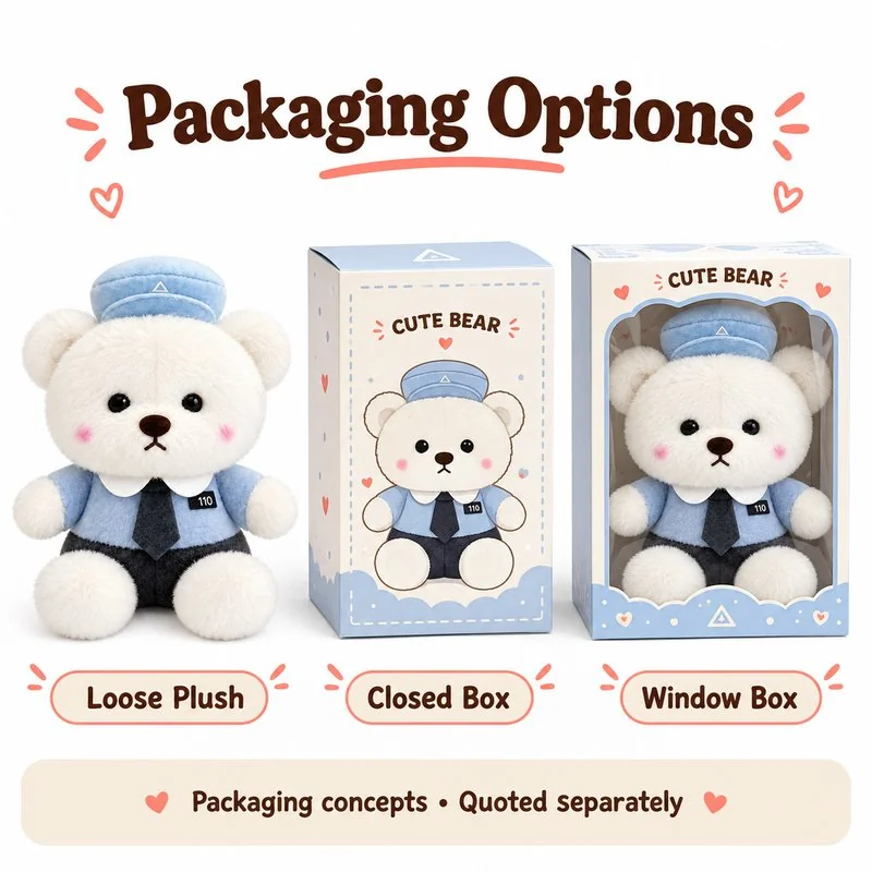 Blue Police Uniform Teddy Bear Plush — optional packaging concept; final artwork, fit and quotation require confirmation.