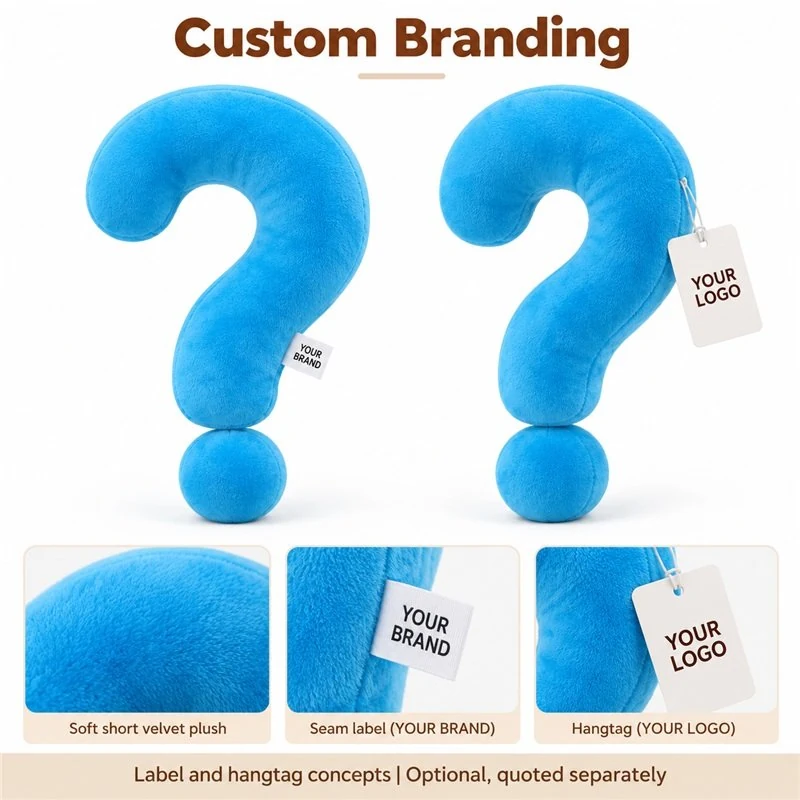 Customization concept for blue question mark plush pillow; feasibility and sample approval required.