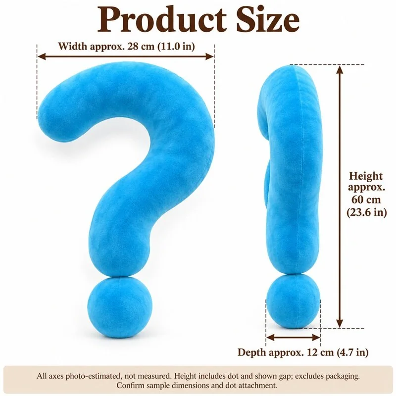 Blue Question Mark Plush Pillow — proposed size reference; dimensions require sample confirmation.