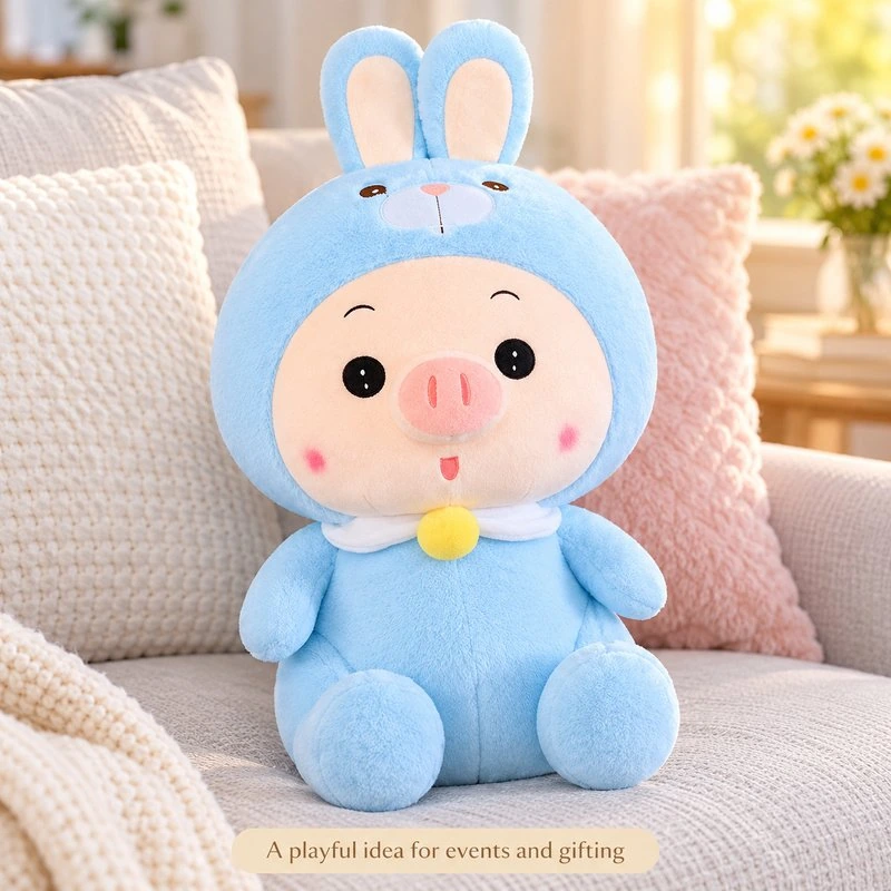 Illustrative application scene featuring blue rabbit costume pig plush; setting is a concept.