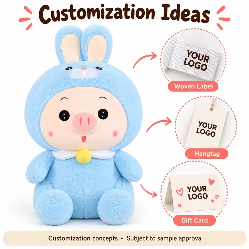 Customization concept for blue rabbit costume pig plush; feasibility and sample approval required.