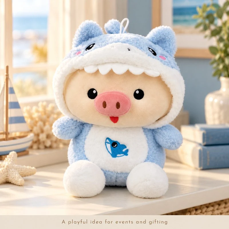 Illustrative application scene featuring blue shark costume pig plush; setting is a concept.