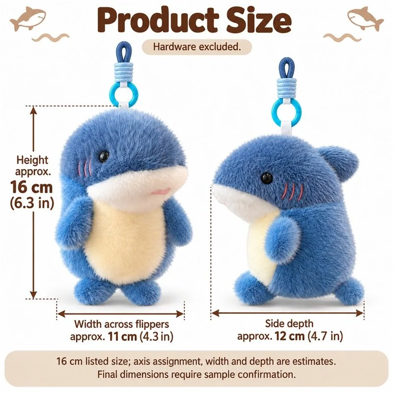 Blue Shark Plush Bag Charm — proposed size reference; dimensions require sample confirmation.