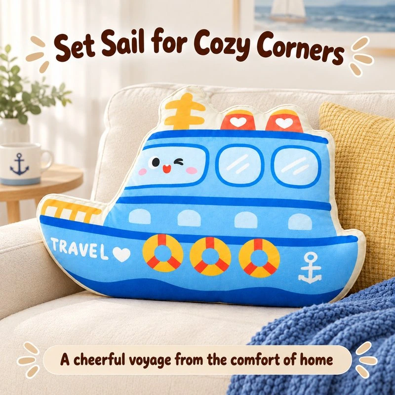 Illustrative application scene featuring blue ship plush cushion; setting is a concept.