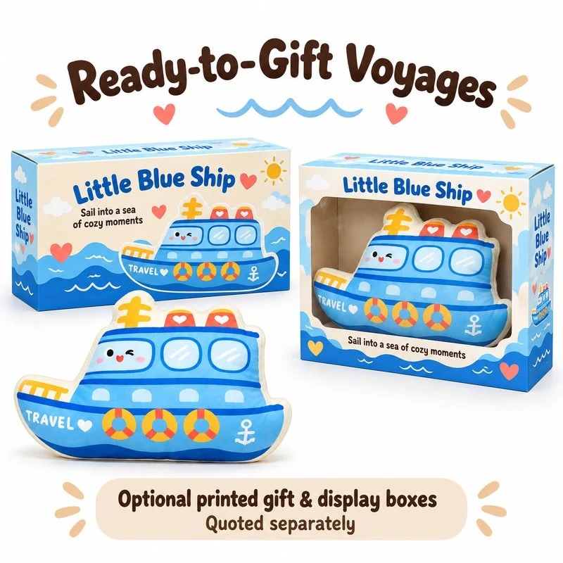 Blue Ship Plush Cushion — optional packaging concept; final artwork, fit and quotation require confirmation.