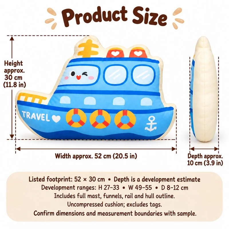 Blue Ship Plush Cushion — proposed size reference; dimensions require sample confirmation.