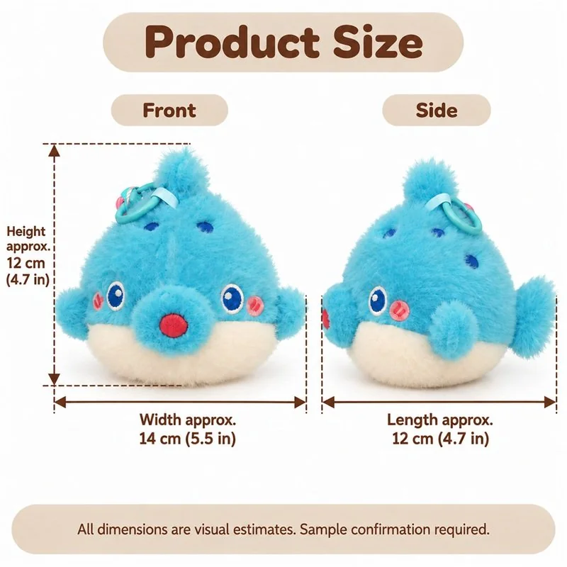 Blue Spotted Pufferfish Plush Keychain — proposed size reference; dimensions require sample confirmation.