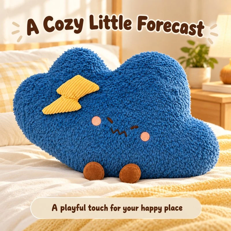 Illustrative application scene featuring blue storm cloud plush pillow; setting is a concept.
