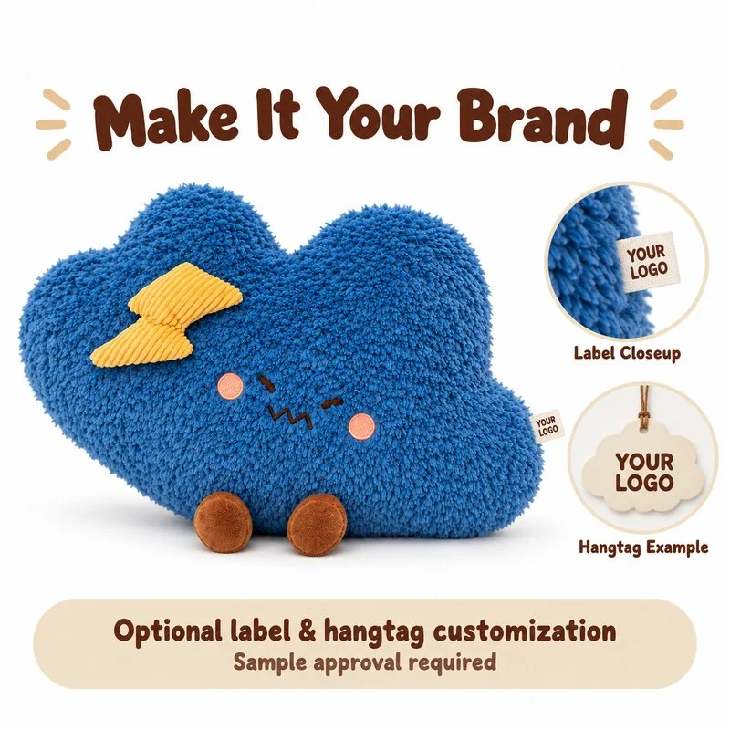 Customization concept for blue storm cloud plush pillow; feasibility and sample approval required.