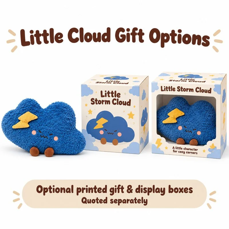 Blue Storm Cloud Plush Pillow — optional packaging concept; final artwork, fit and quotation require confirmation.