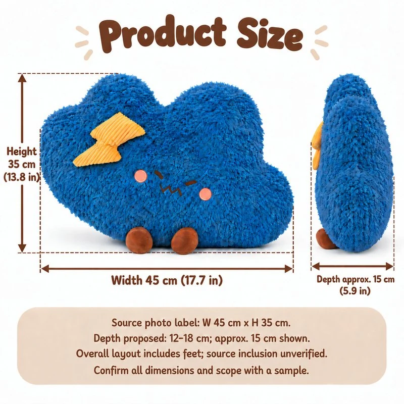 Blue Storm Cloud Plush Pillow — proposed size reference; dimensions require sample confirmation.