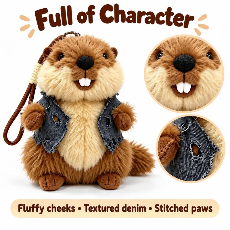 Blue Vest Marmot Plush Charm — construction and surface detail concept.