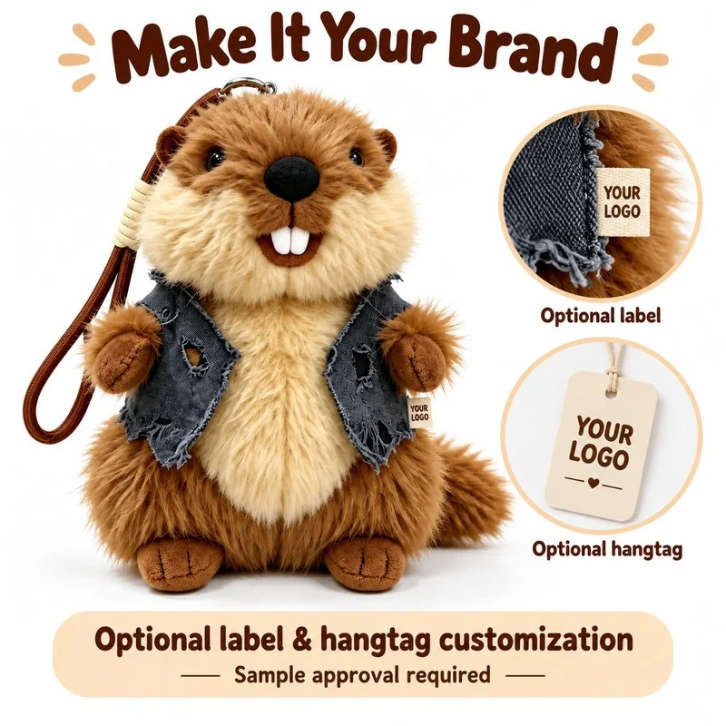 Blue Vest Marmot Plush Charm — optional branding and customization concept; feasibility requires confirmation.