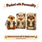 Blue Vest Marmot Plush Charm — optional packaging concept; final artwork, fit and quotation require confirmation.