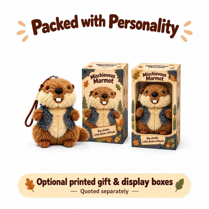 Blue Vest Marmot Plush Charm — optional packaging concept; final artwork, fit and quotation require confirmation.