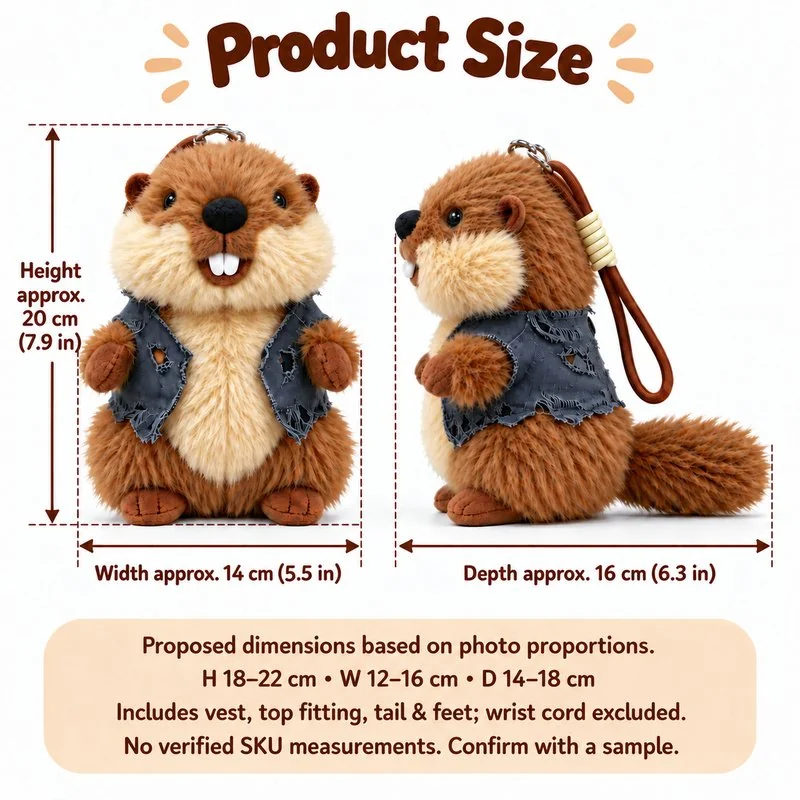 Blue Vest Marmot Plush Charm — proposed size reference; dimensions require sample confirmation.
