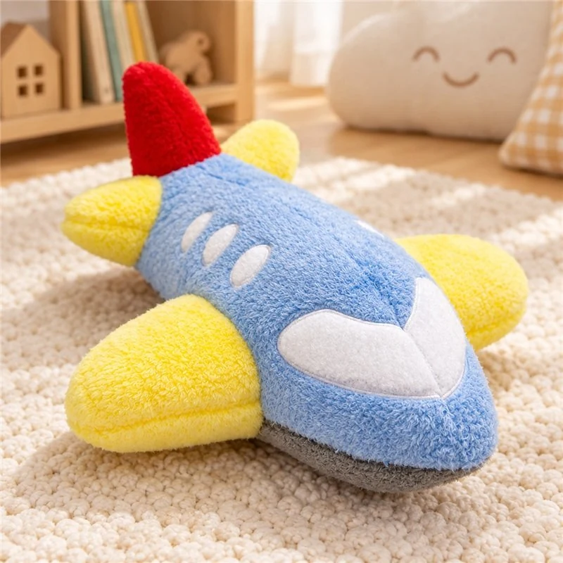 Illustrative application scene featuring blue yellow airplane plush toy; setting is a concept.