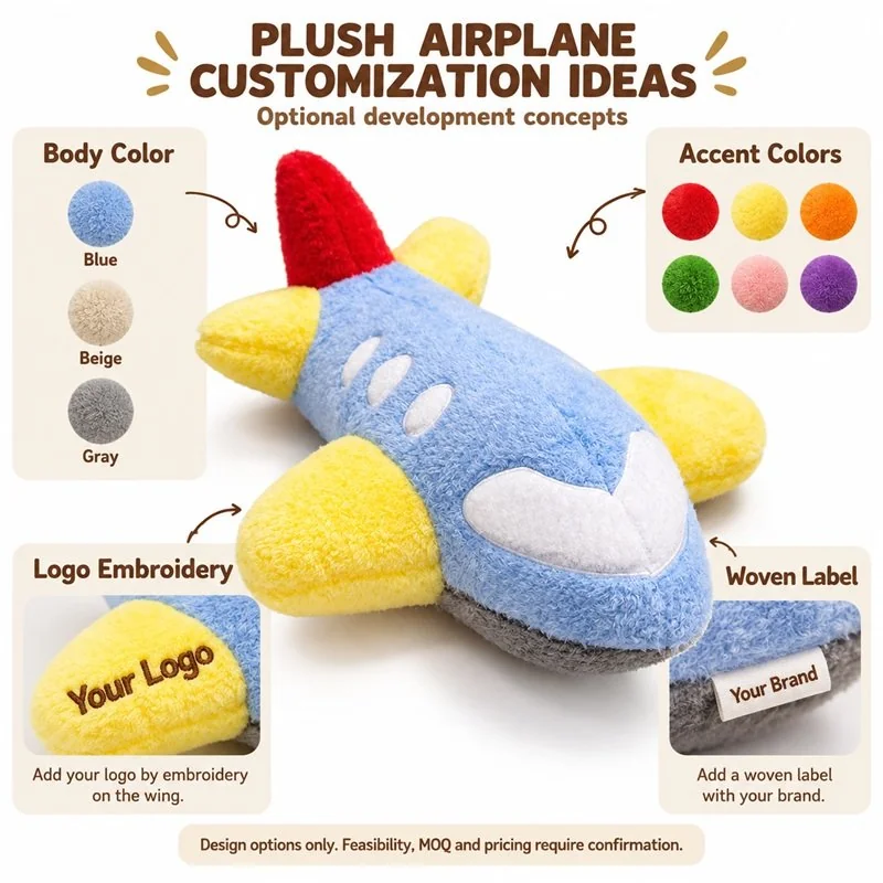 Customization concept for blue yellow airplane plush toy; feasibility and sample approval required.
