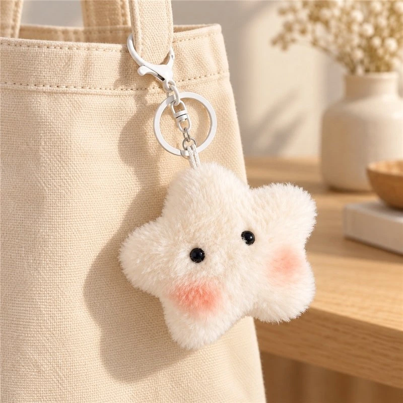 Illustrative application scene featuring blushing white star plush keychain; setting is a concept.