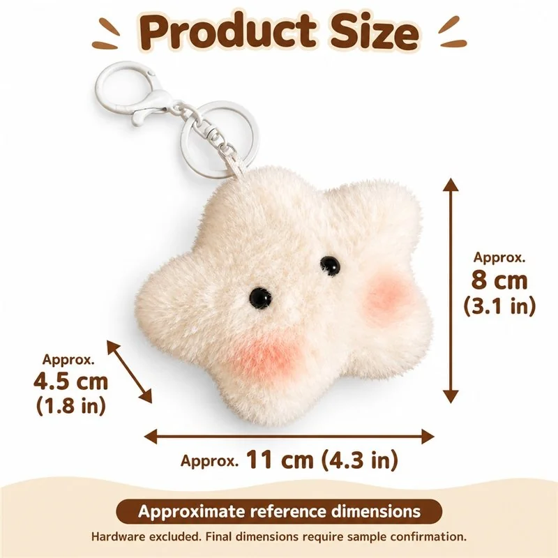 Blushing White Star Plush Keychain — proposed size reference; dimensions require sample confirmation.
