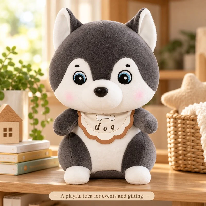 Illustrative application scene featuring bone bib gray husky plush; setting is a concept.