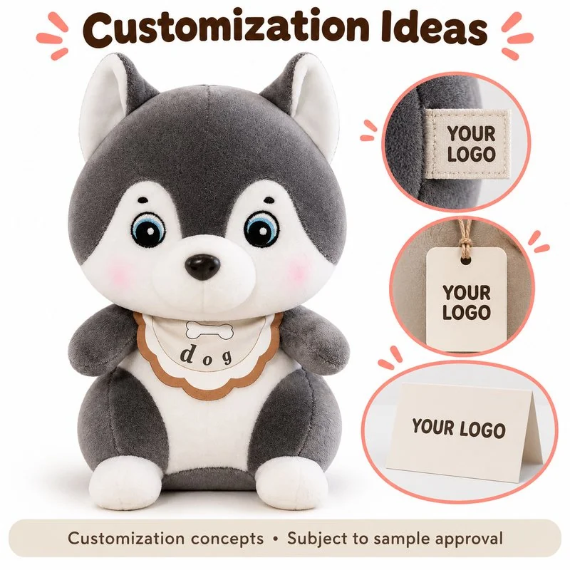 Customization concept for bone bib gray husky plush; feasibility and sample approval required.
