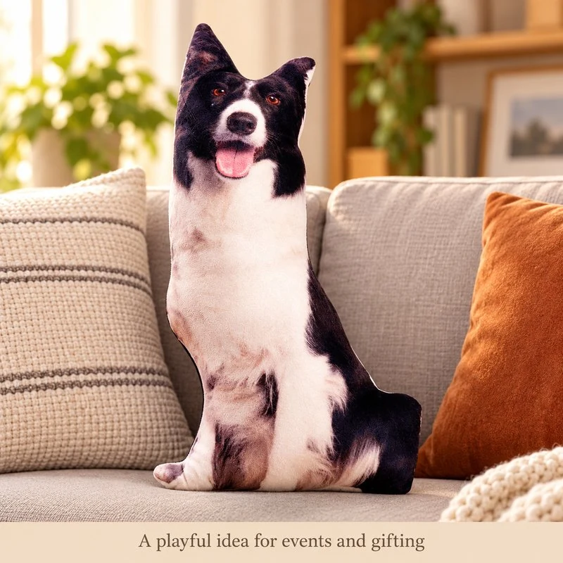 Illustrative application scene featuring border collie printed plush pillow; setting is a concept.
