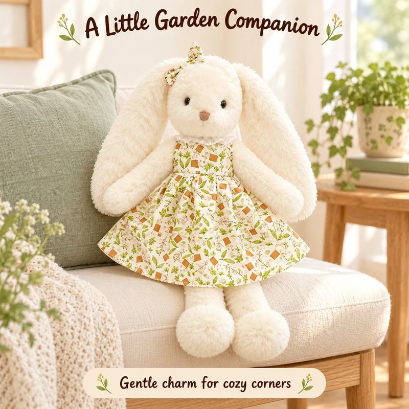 Illustrative application scene featuring botanical dress long ear rabbit plush; setting is a concept.