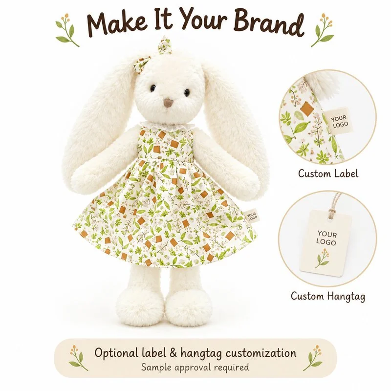 Customization concept for botanical dress long ear rabbit plush; feasibility and sample approval required.