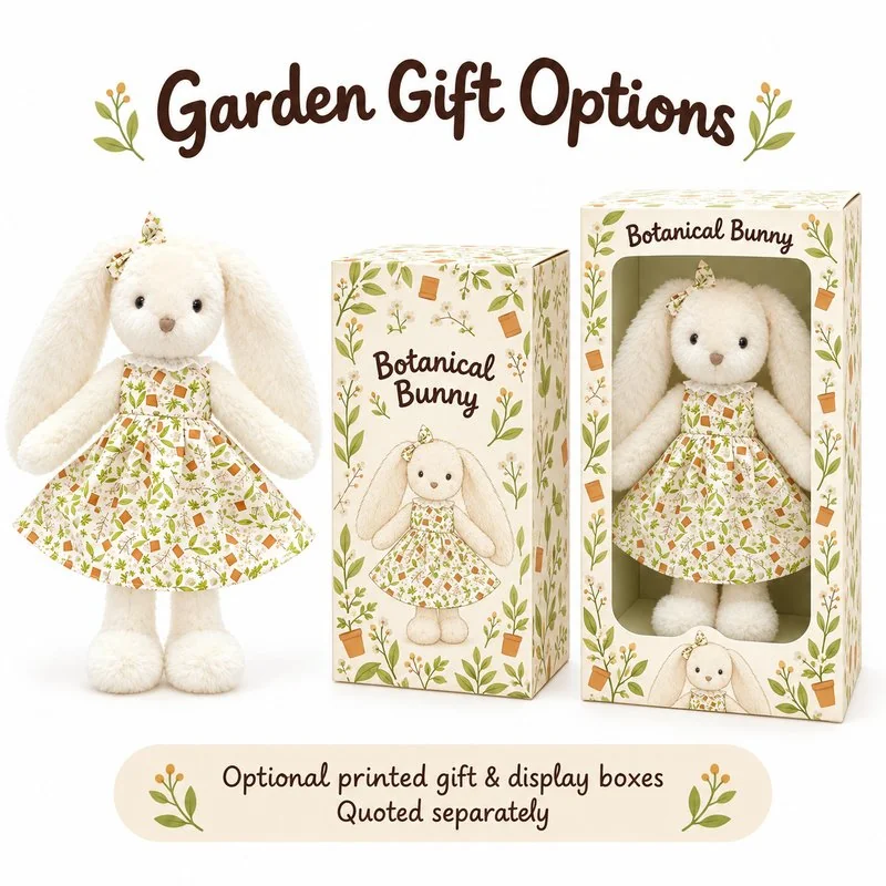 Botanical Dress Long Ear Rabbit Plush — optional packaging concept; final artwork, fit and quotation require confirmation.