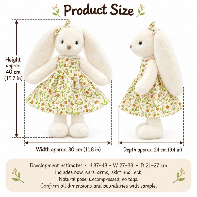 Botanical Dress Long Ear Rabbit Plush — proposed size reference; dimensions require sample confirmation.
