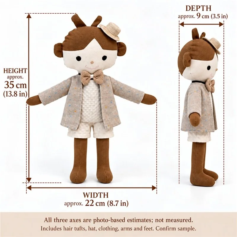 Bow Tie Boy Cloth Doll — proposed size reference; dimensions require sample confirmation.