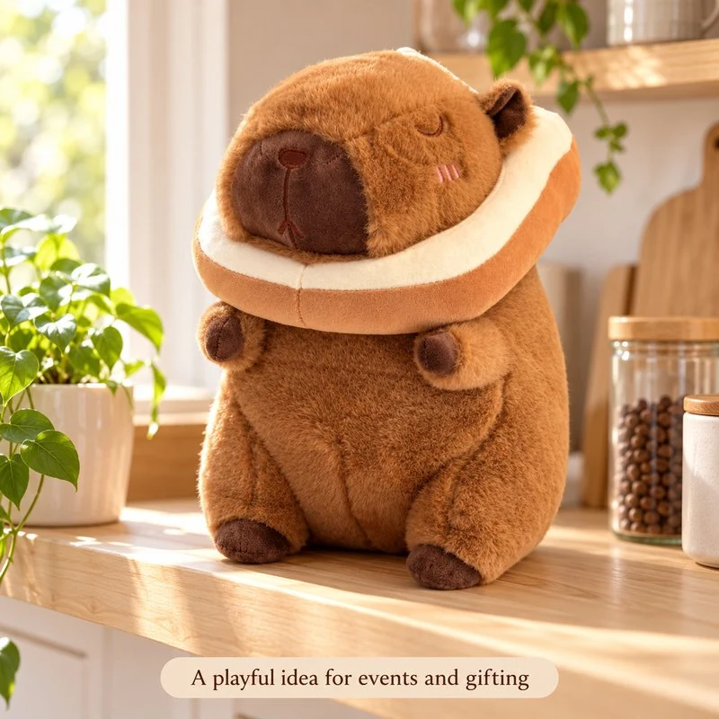 Illustrative application scene featuring bread collar capybara plush; setting is a concept.